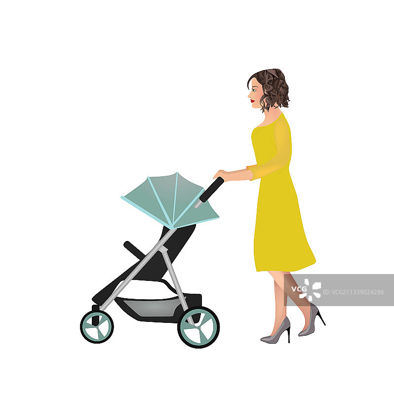 女人推动婴儿车图片素材