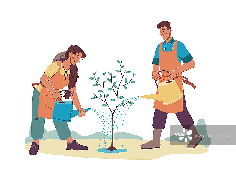 男女浇灌成长中的树木图片素材