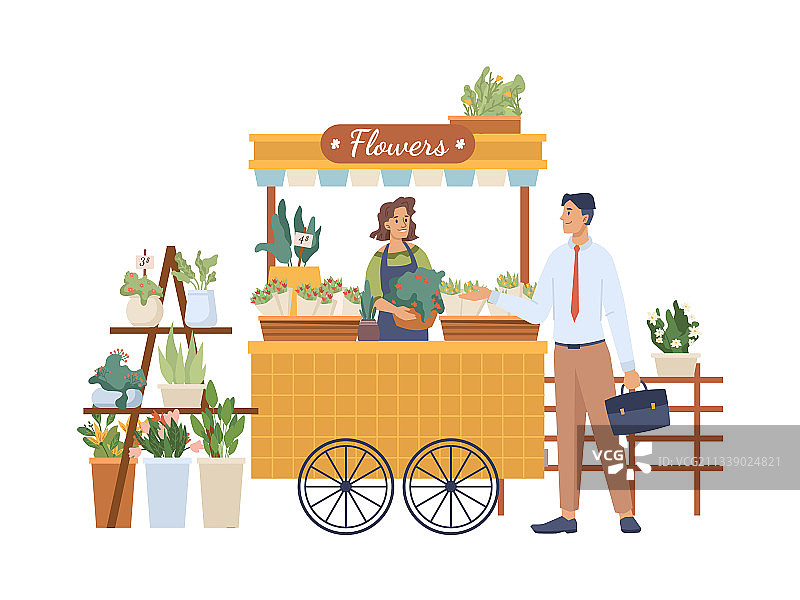 户外花店里拿着花束的买家和卖家图片素材