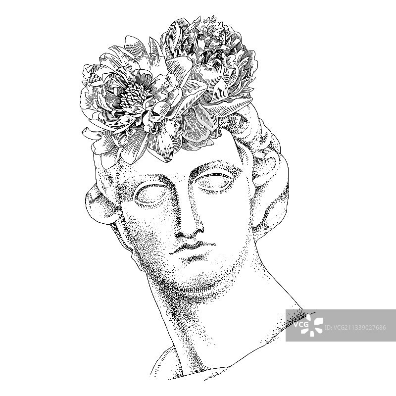 鲜花簇拥的阿波罗半身像古希腊神祇图片素材