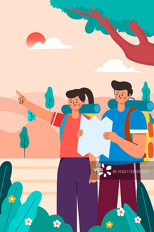 户外徒步旅行的青年男女矢量插画图片素材