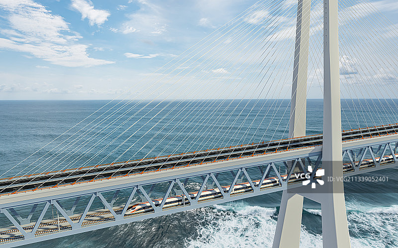 公路铁路二用斜拉桥和高速列车图片素材