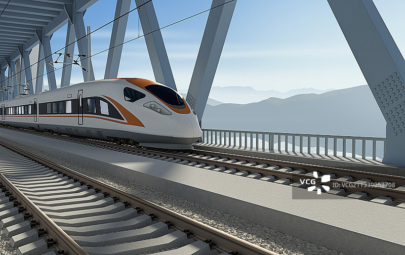 公路铁路二用跨海斜拉桥和高速列车，三维图形制作图片素材