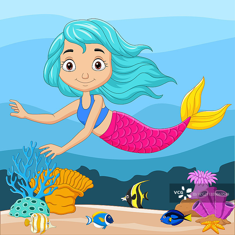 水下背景中的卡通小美人鱼图片素材