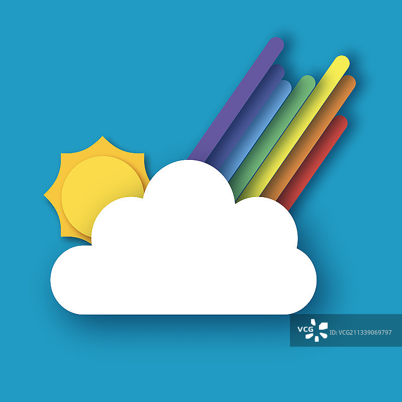 阳光彩虹夏季剪纸风天空云朵图片素材