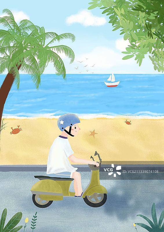骑上小摩托在海边图片素材