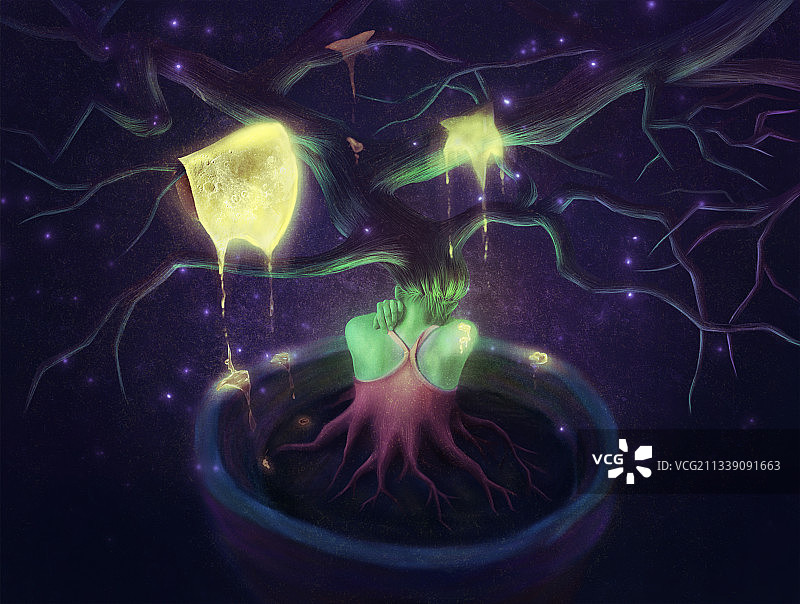 栽在盆景里的人治愈温馨横版插画图片素材