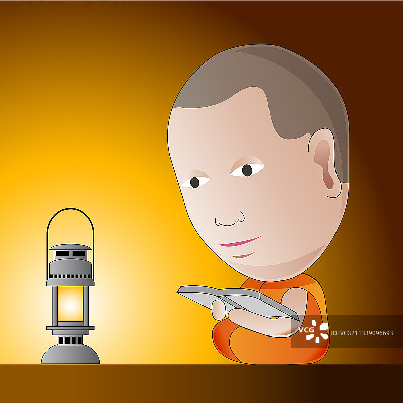 小和尚夜间油灯下学佛图片素材