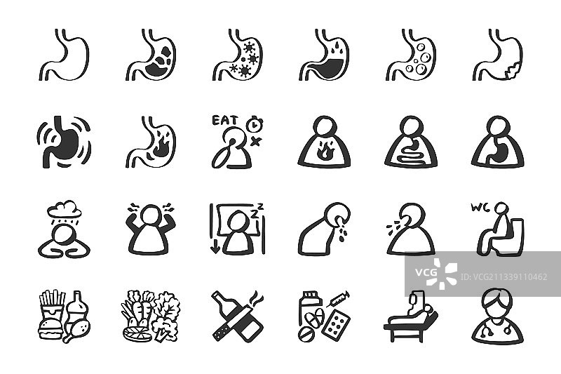 胃炎疾病手绘涂鸦图标集图片素材