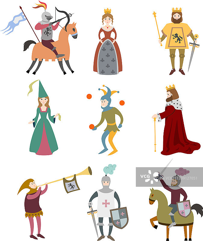 白色背景上的卡通中世纪人物素材图片素材