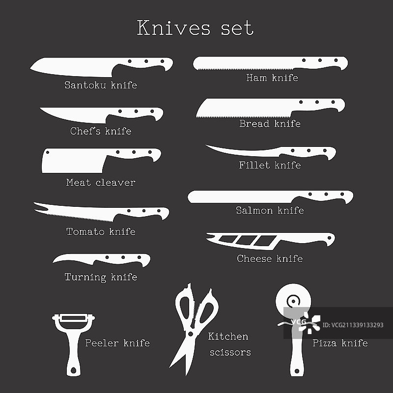 黑色背景上带有签名款的厨刀套装图片素材
