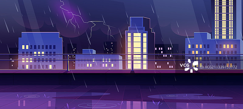 屋顶露台夜间暴雨城市景观图片素材