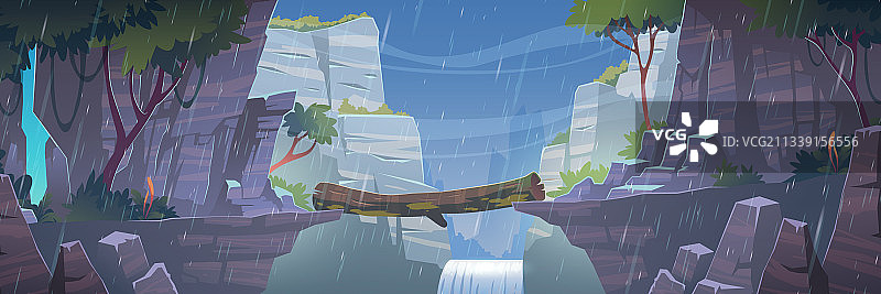 雨中悬崖上方山间的原木桥图片素材