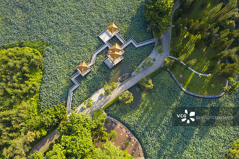 航拍洪湖公园三个亭子图片素材