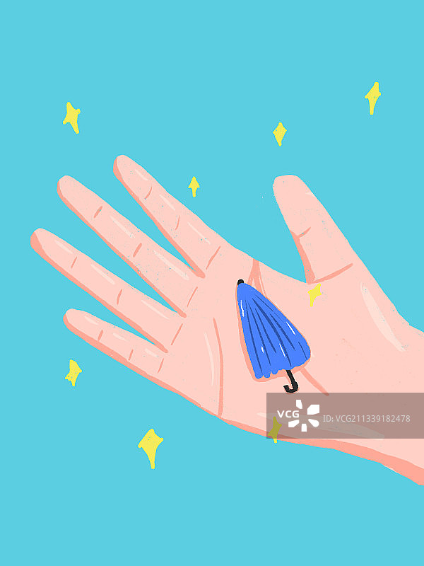 一只大大的手掌中有一把蓝色小伞图片素材