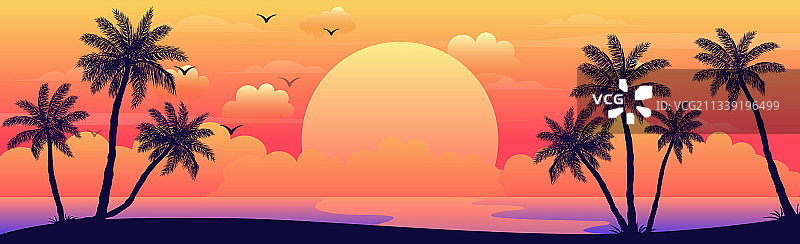 棕榈树背景下的逼真海上日落图片素材