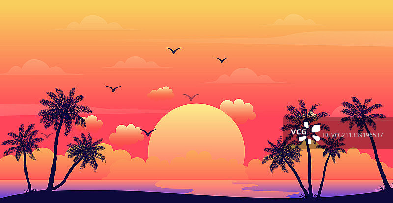 棕榈树背景下的逼真海上日落图片素材