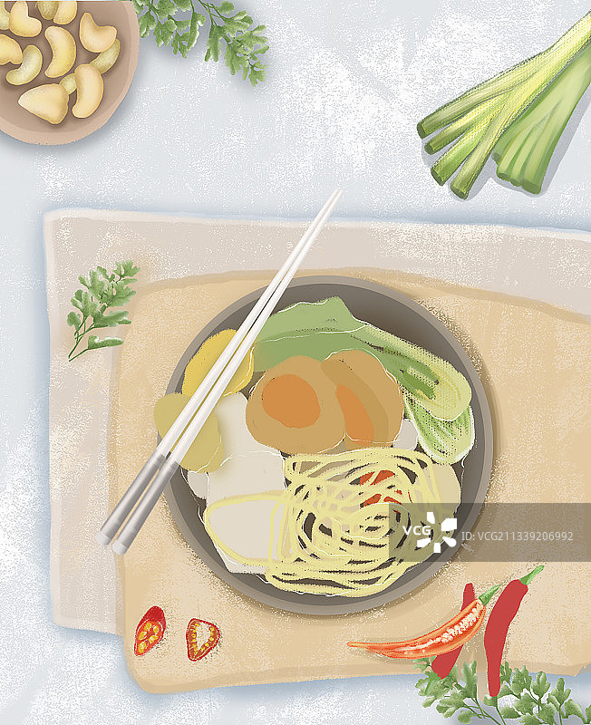 中国风中式早餐面条食谱插画图片素材