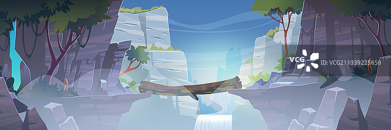 河流上方的原木桥山地景观图片素材