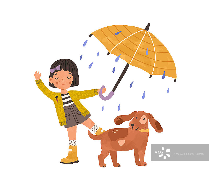 快乐女孩在雨伞下遛狗图片素材