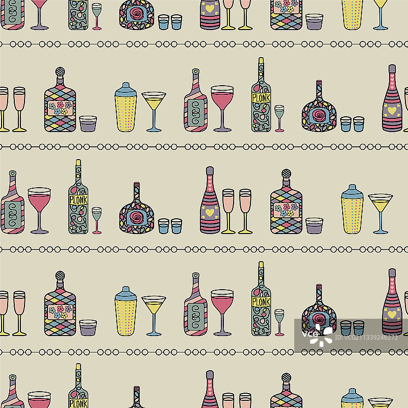 彩色瓶子和玻璃杯无缝重复图案图片素材