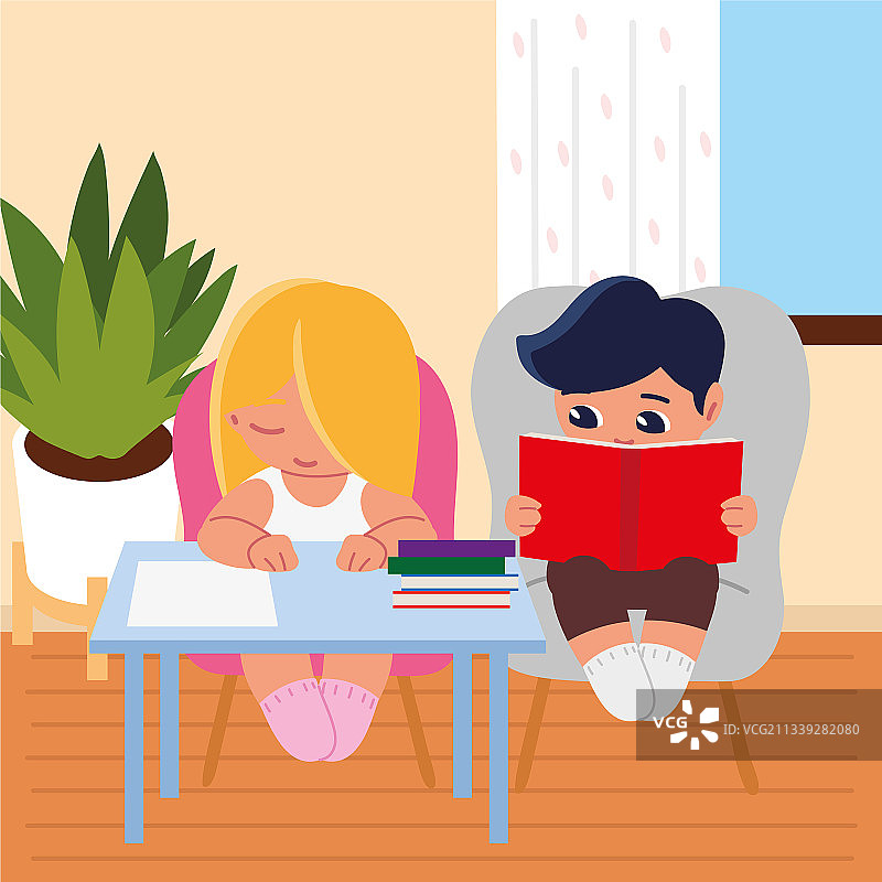 女孩和男孩与椅子上的书本图片素材