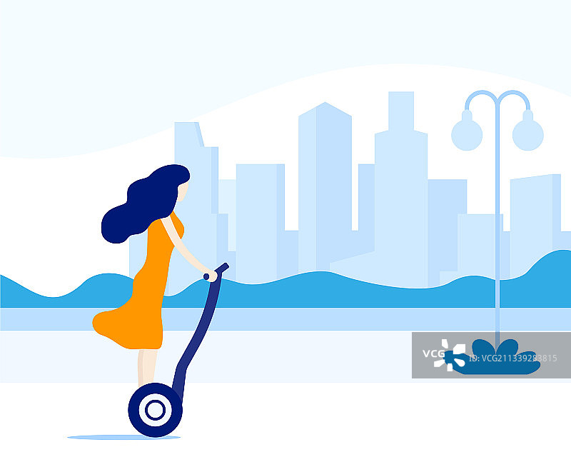 女孩在城市里骑电动滑板车图片素材