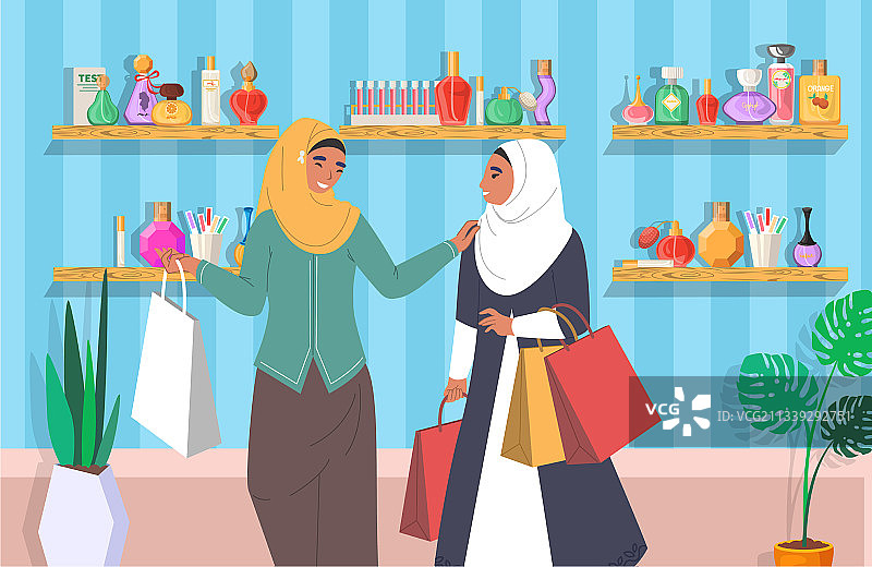 穆斯林女孩在香水店扁平风格插画图片素材