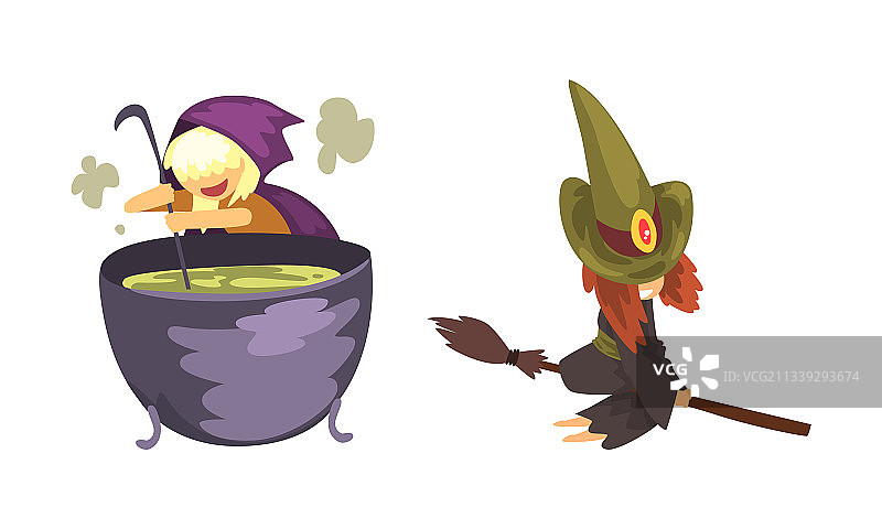 戴着尖帽子和斗篷的可爱小女巫在熬制图片素材