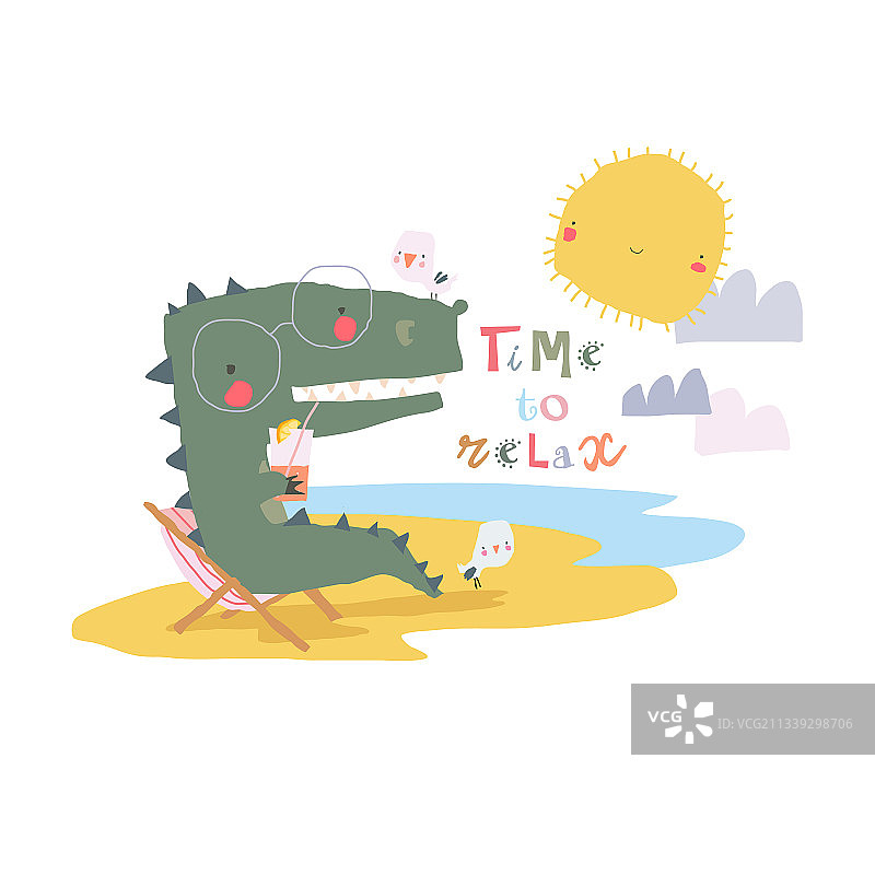 卡通鳄鱼在躺椅上放松图片素材