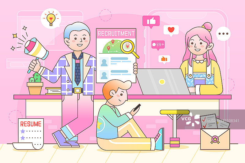 卡通粉色商务招聘寻人创意插画图片素材
