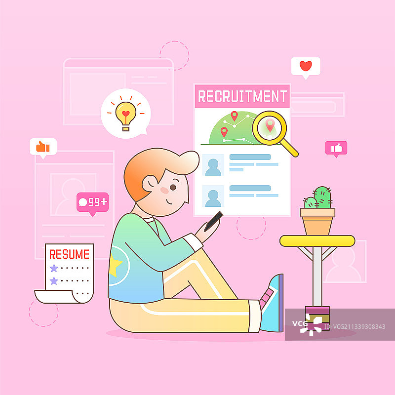 卡通粉色商务男孩线上招聘投简历创意插画图片素材