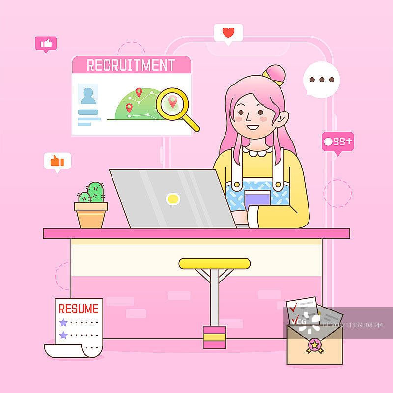 卡通粉色商务女孩线上招聘投简历创意插画图片素材