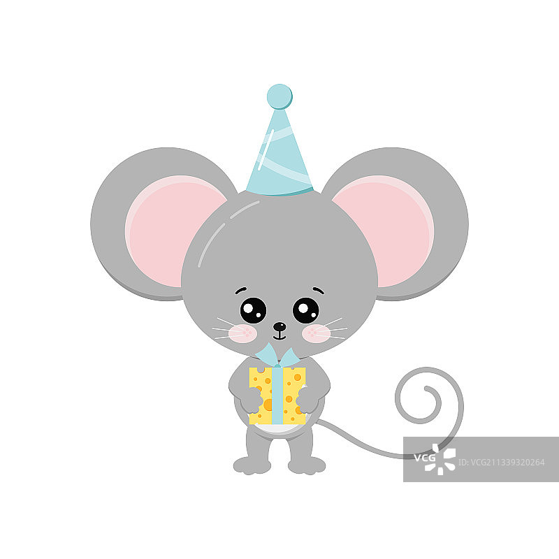 戴着生日帽拿着奶酪礼物的可爱小老鼠图片素材