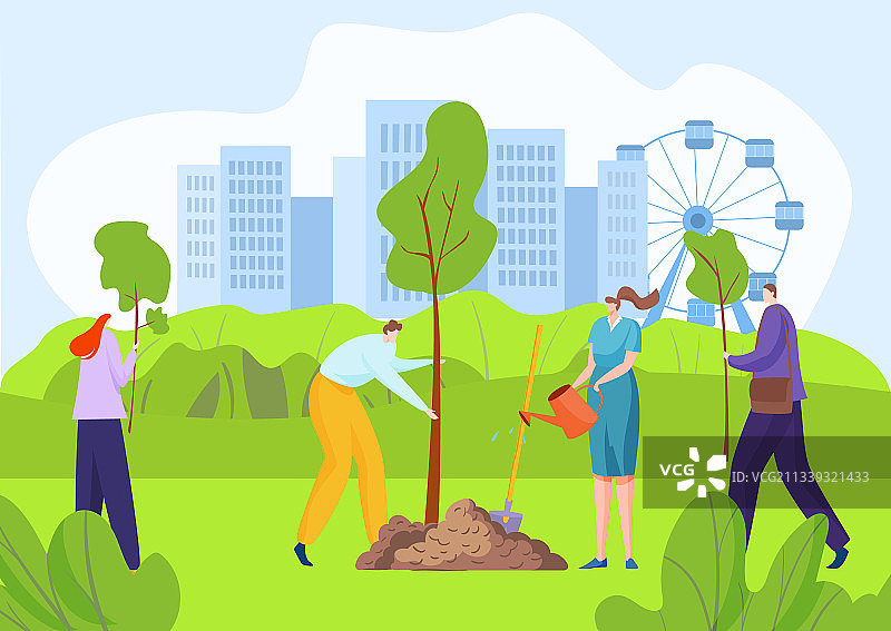 生态环保人士在城市公园种植树木图片素材