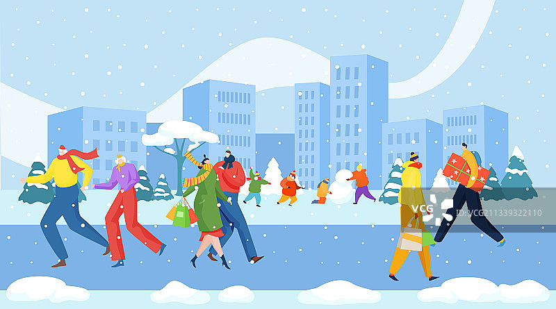 圣诞冬季在人行道上漫步的快乐人群图片素材