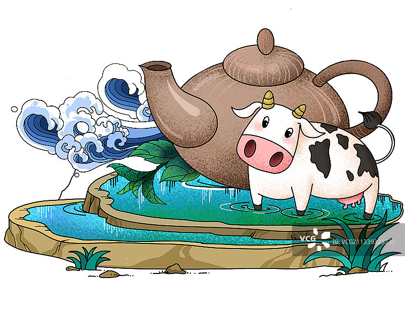 牛奶绿茶紫砂壶绿色环保荷兰奶牛梯田可爱的,插画,动物,自然,图片素材