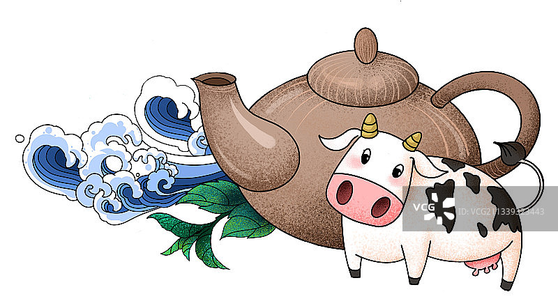 牛奶绿茶紫砂壶绿色环保荷兰奶牛可爱的,插画,动物,自然,风景图片素材