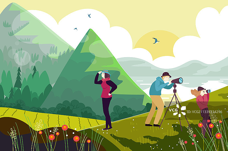 户外徒步观鸟人物图片素材