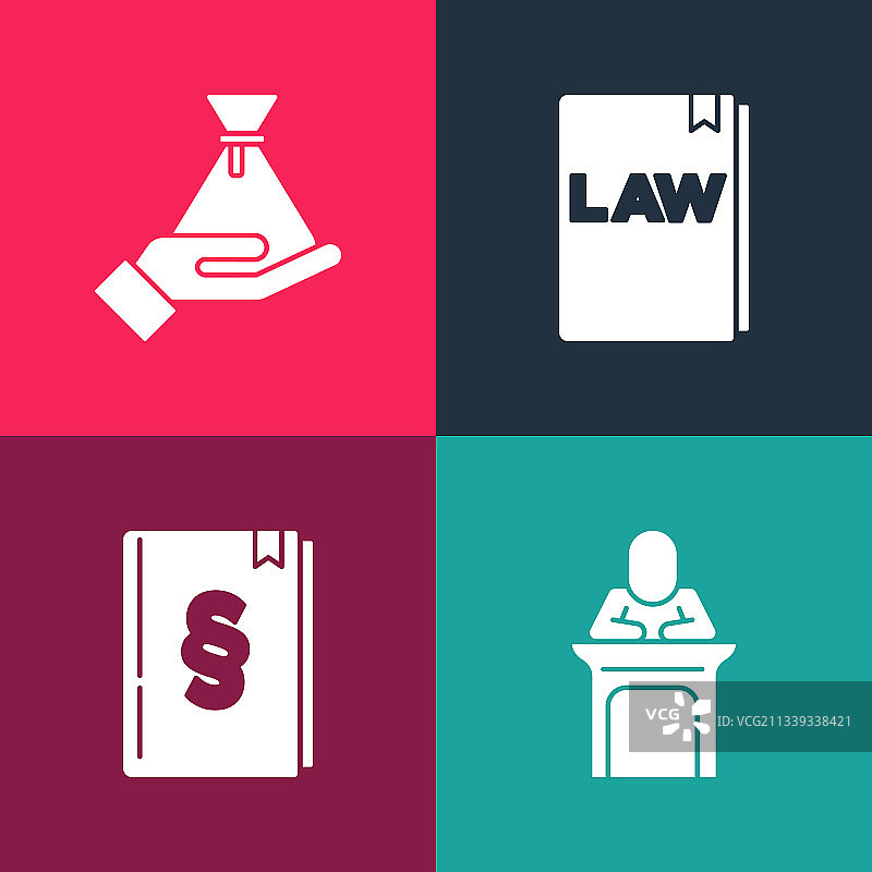 波普艺术法官法律书籍和贿赂钱袋图片素材