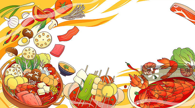 粗描边中国美食火锅串串小龙虾矢量插画横幅图片素材