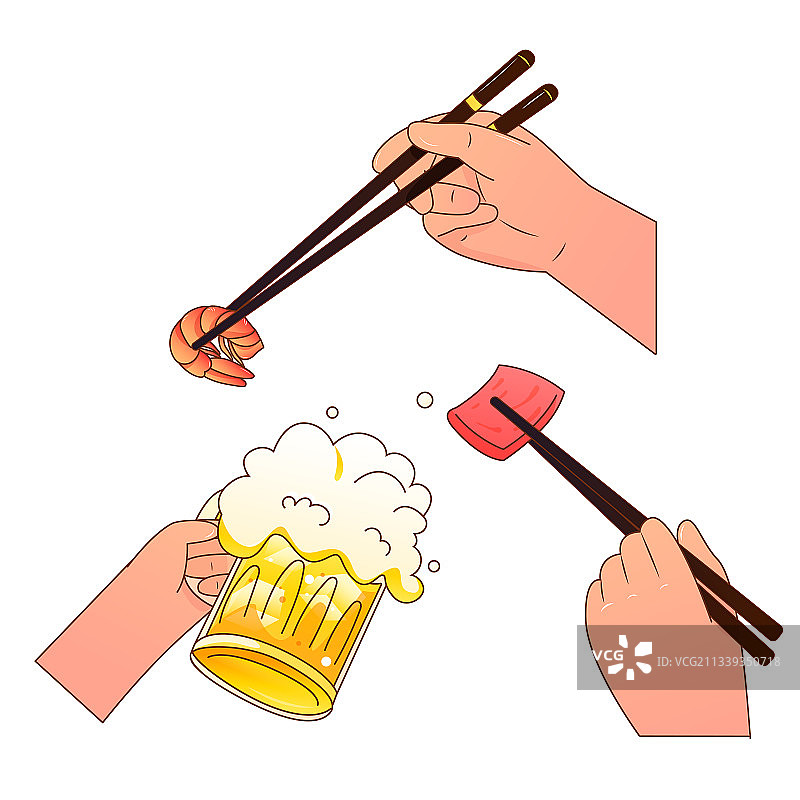手拿着啤酒夹菜矢量插画元素图片素材