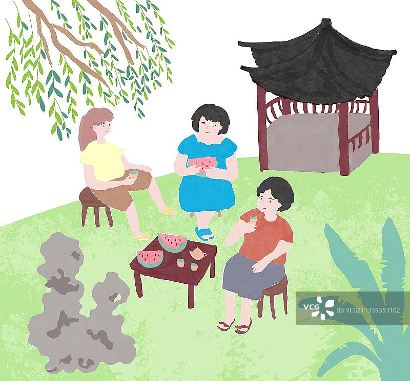 夏天树荫下吃西瓜的人图片素材