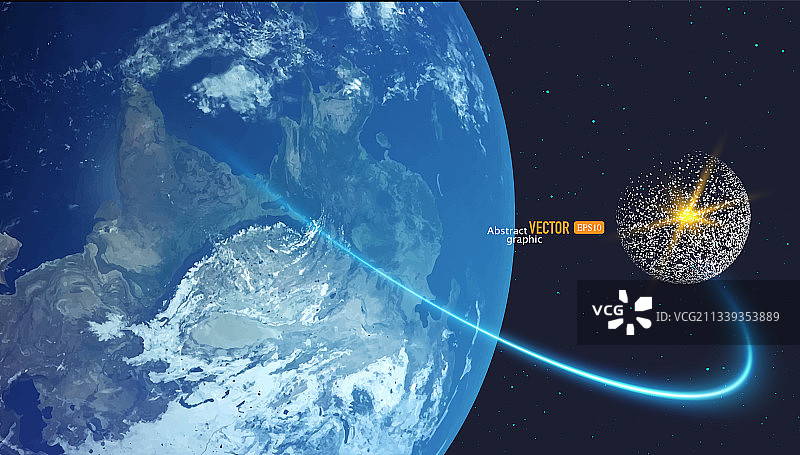粒子点组合的卫星围绕蓝色地球运行，抽象矢量科技天文背景图片素材