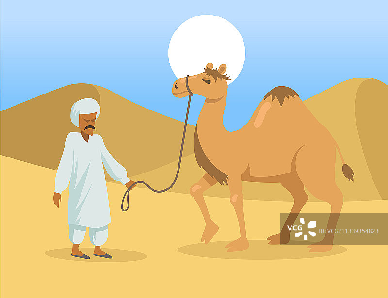 沙漠中带单峰骆驼的阿拉伯男人图片素材