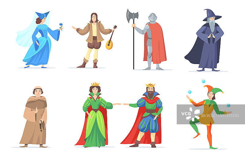 历史主题中世纪卡通人物套装图片素材