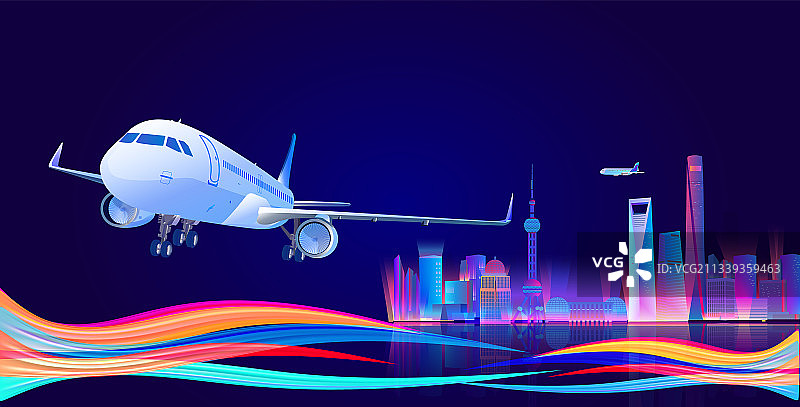 飞机到达上海市准备降落插画图片素材