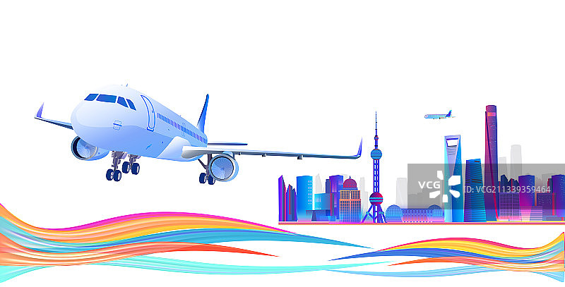 飞机到达上海市准备降落插画图片素材
