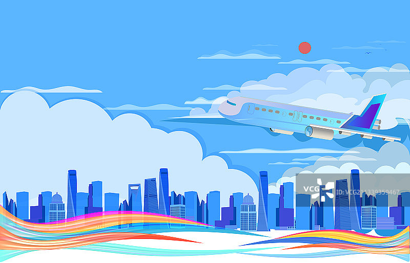 飞机到达上海市准备降落插画图片素材