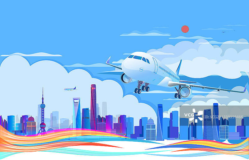 飞机到达上海市准备降落插画图片素材